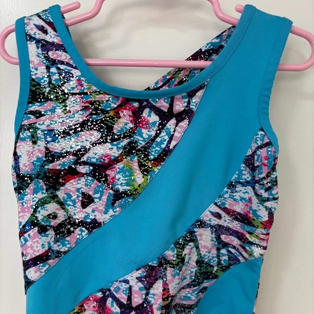 3/$15 Danskin Girls Teal Multi-Color One-Piece leotard gymnastics dance S 6/6X